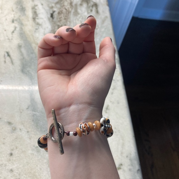 Handmade Artisan Black/White/Brown Glass Beaded Bracelet - Picture 5 of 5